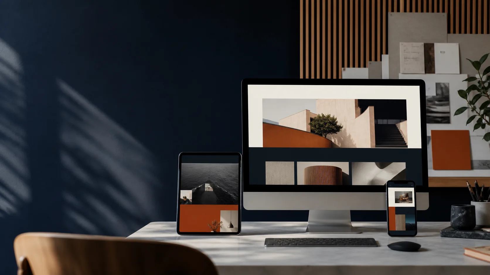 Site responsivo apresentado em computador, tablet e celular